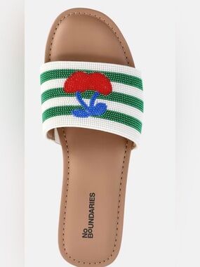 No Boundaries White & Green Beaded Slide Sandal with Red & Blue Cherry Accent